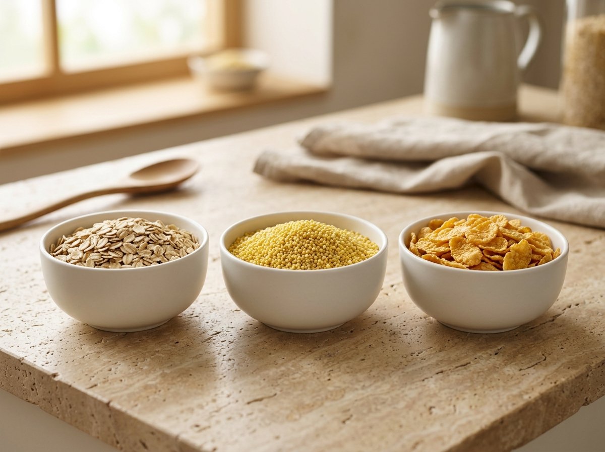 Processed cereal grains including whole oats, golden millet and corn flakes