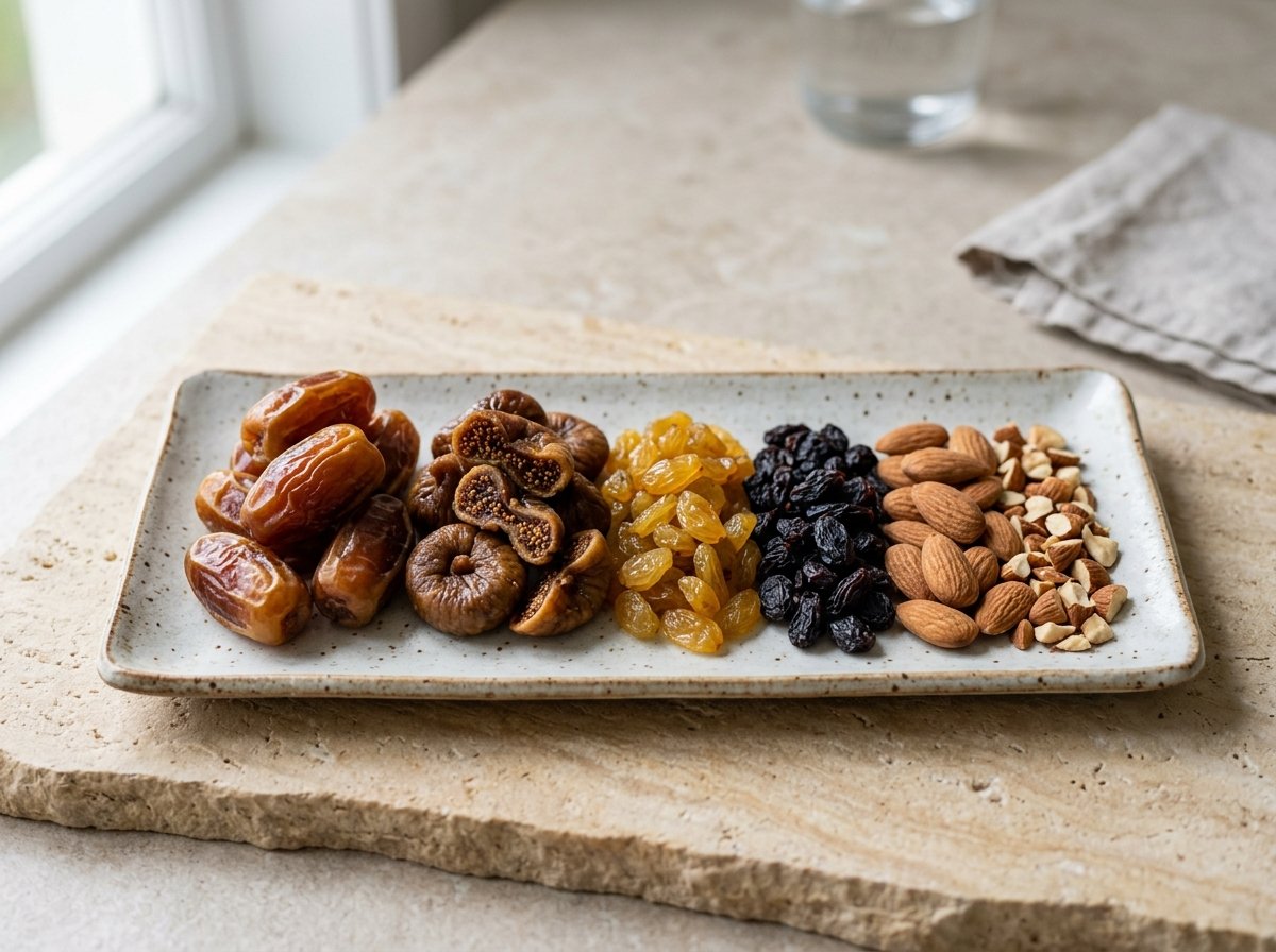 Selected export dried fruits with Medjool dates, figs, golden raisins and almonds