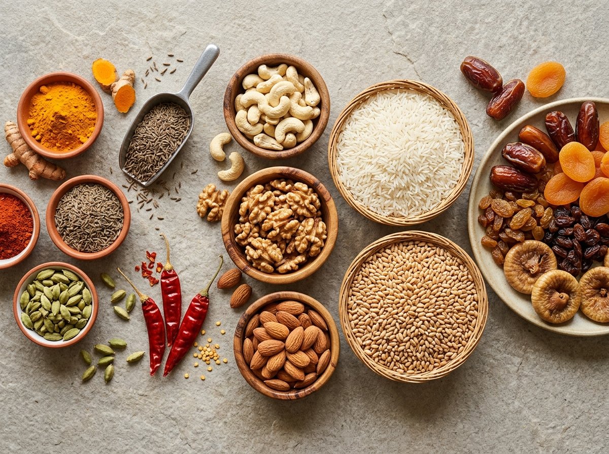 Export food commodities flat-lay photograph: spices, nuts, grains, dry fruits, cereals
