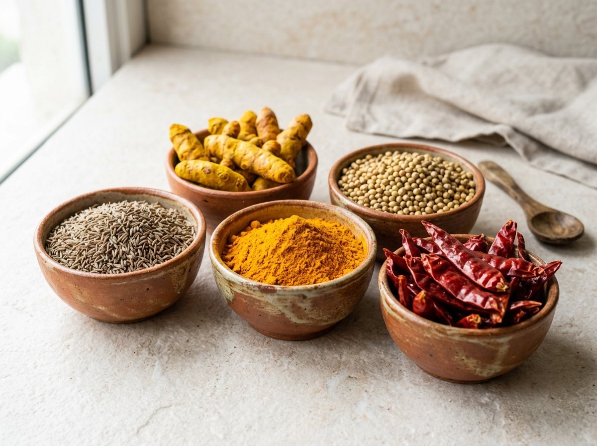 Assorted Indian export spices including cumin, turmeric, coriander and dried red chillies